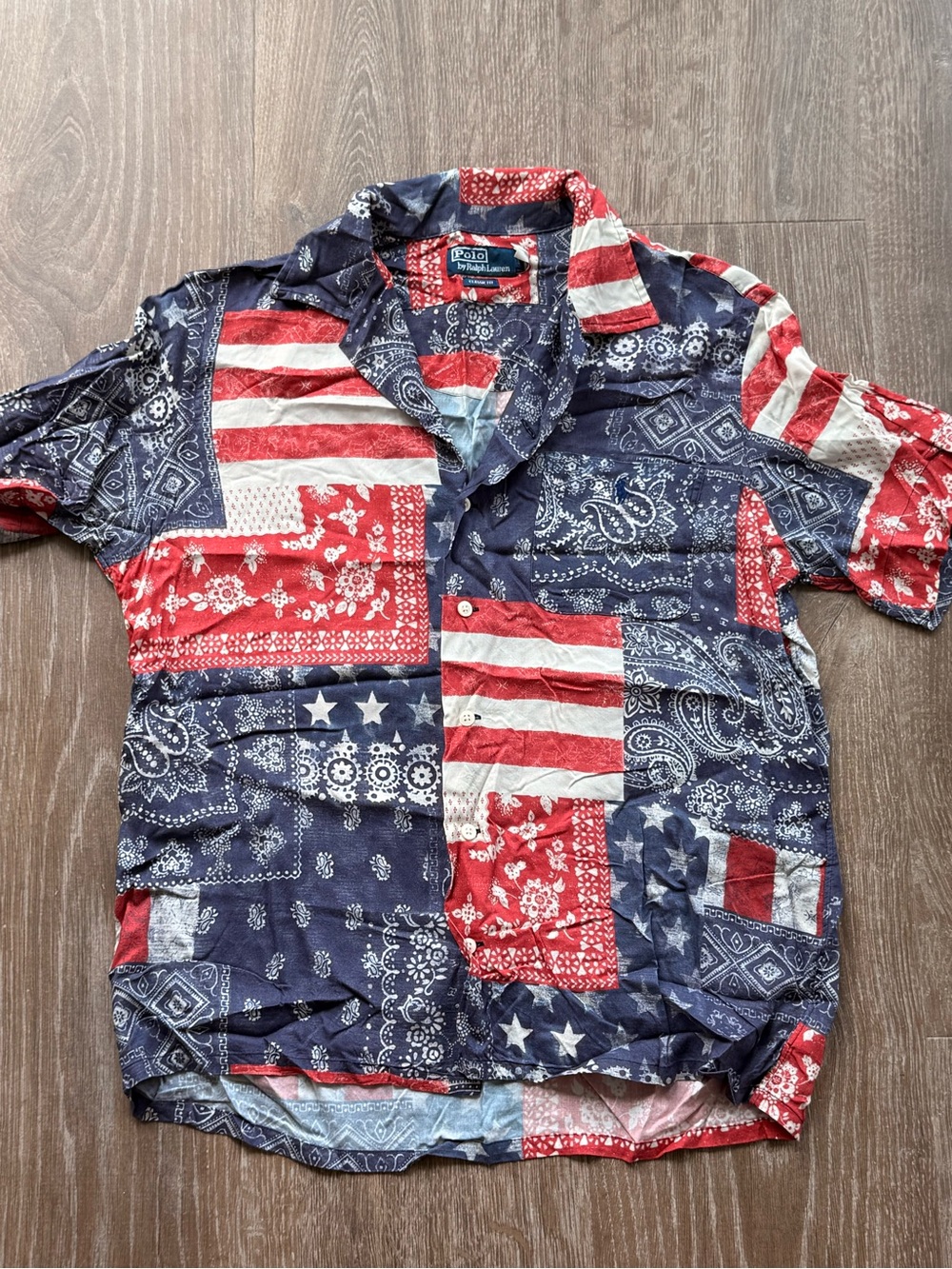 Polo Ralph Lauren Men's Red white Blue Bandana ButtonUp Short Sleeve Shirt M 4th
